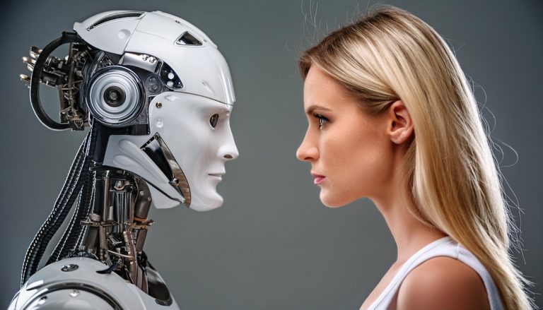 Une femme et un robot font un duel de regards